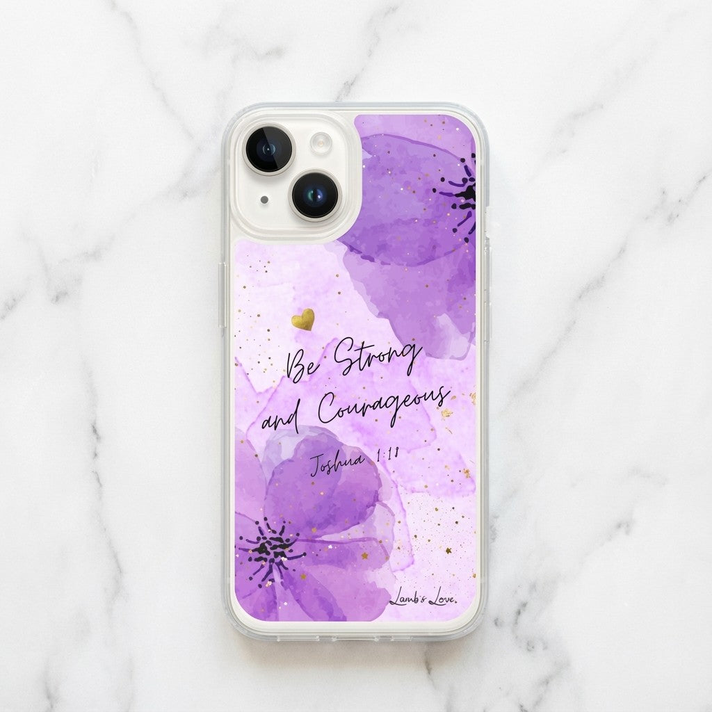 Be Strong and Courageous, Christian Phone Case for iPhone, Purple Flowers, Joshua 1:18 iPhone 15 Plus Be Strong and Courageous, Christian Phone Case for iPhone, Purple Flowers, Joshua 1:18 iPhone 15 Plus