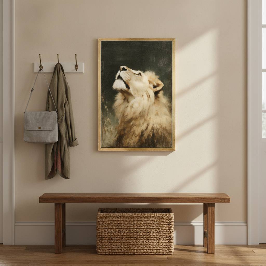 Lion of Judah Christian wall art featuring a majestic lion above a rustic fireplace mantel, a meaningful Father’s Day gift for Dad.
