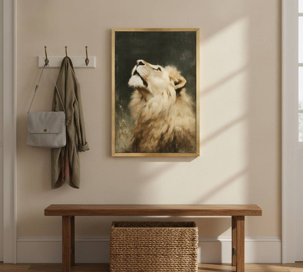 Lion of Judah Christian wall art featuring a majestic lion above a rustic fireplace mantel, a meaningful Father’s Day gift for Dad.