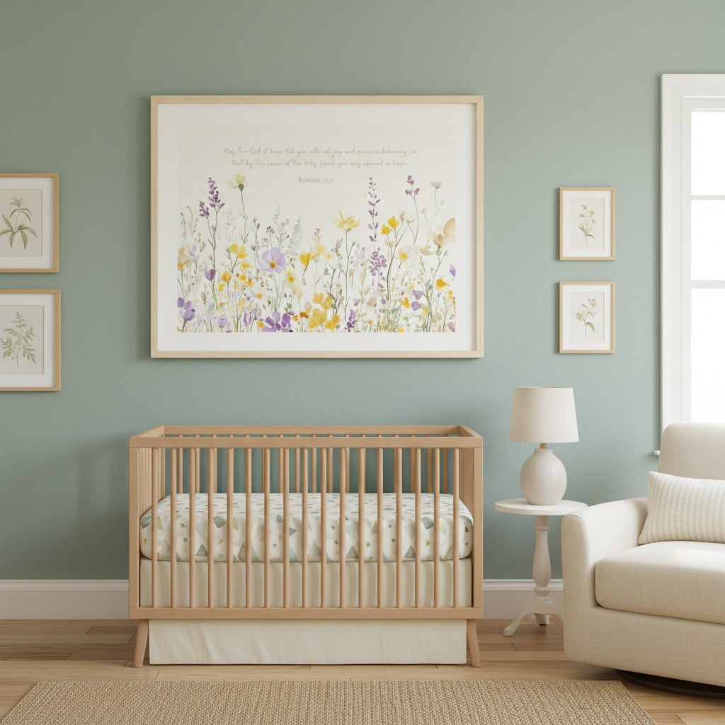 Soft minimalist Christian wall art displayed in a nursery as a meaningful gift for a new mom