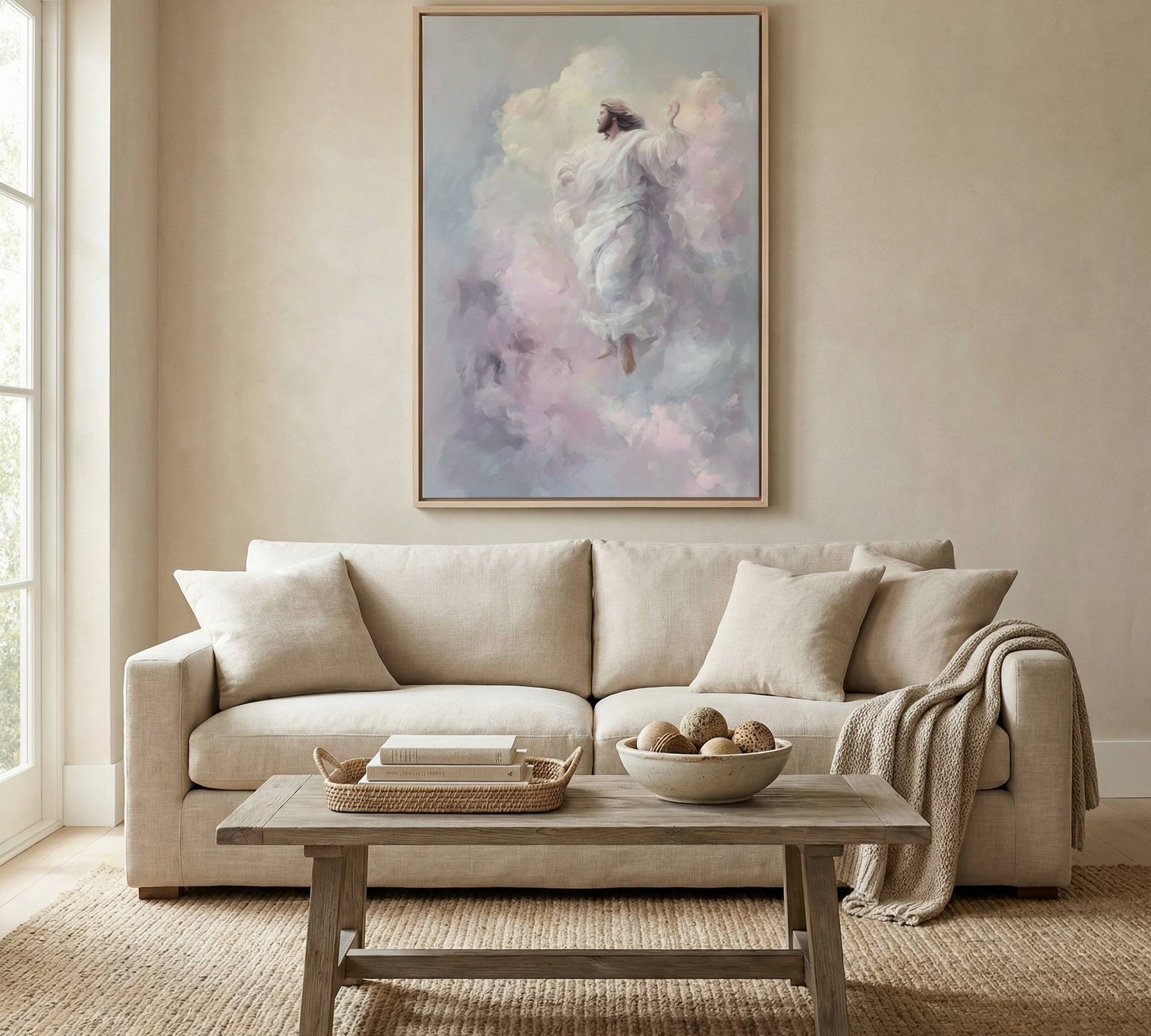 Modern Christian living room with Jesus wall art creating a peaceful atmosphere for hosting guests with faith