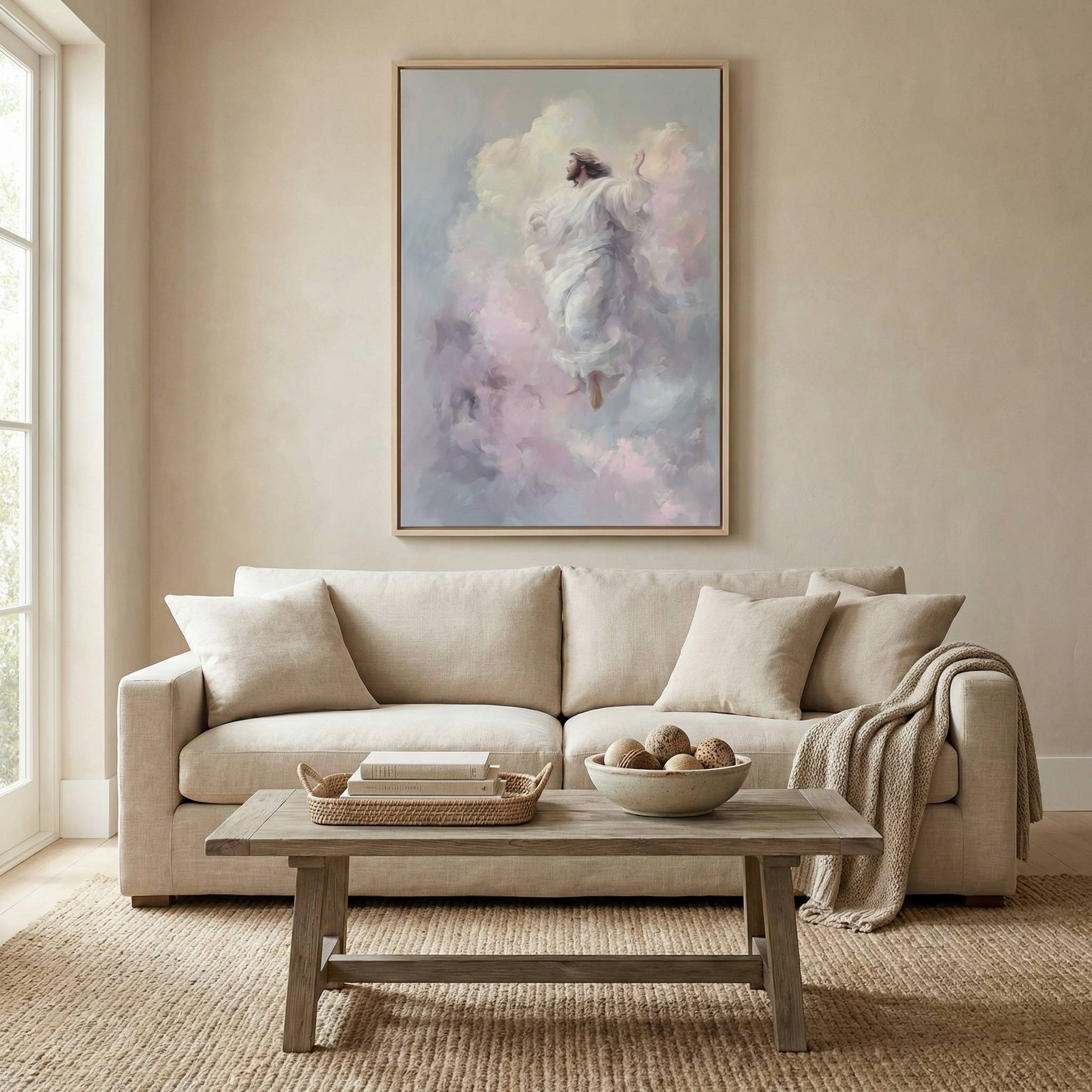Modern Christian living room with Jesus wall art creating a peaceful atmosphere for hosting guests with faith