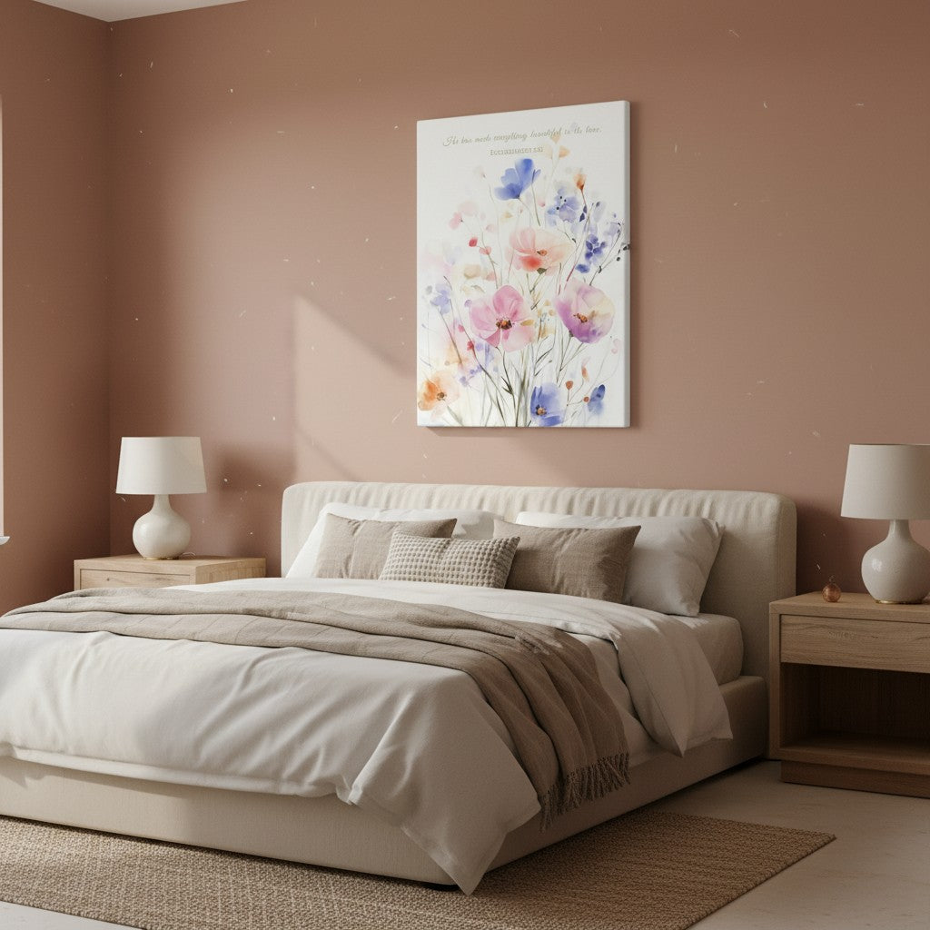 Christian wall art displayed in a peaceful bedroom, creating a calm and faith-filled space for rest and prayer