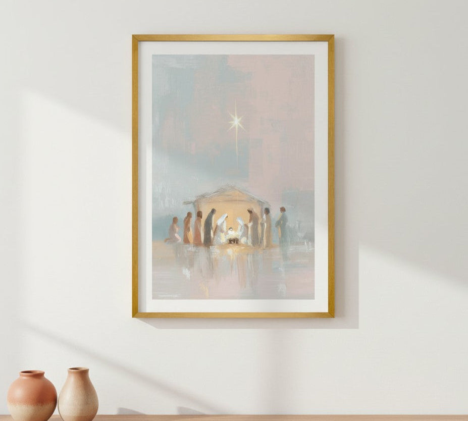 Christmas Christian wall art gift displayed in modern living room with warm neutral decor