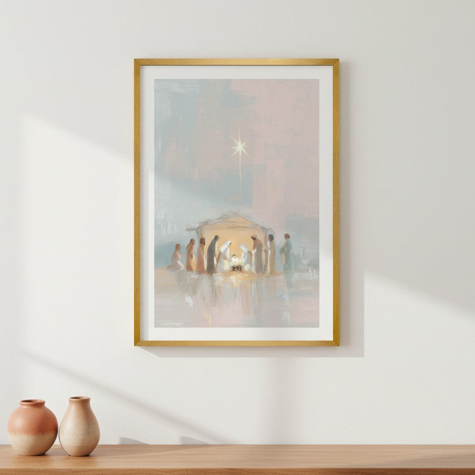 Christmas Christian wall art gift displayed in modern living room with warm neutral decor