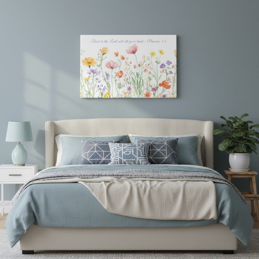 modern neutral christian bedroom with subtle scripture wall art above bed