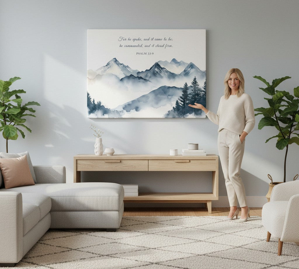 Christian wall art styles guide showing modern neutral, minimal, and botanical decor in a bright home