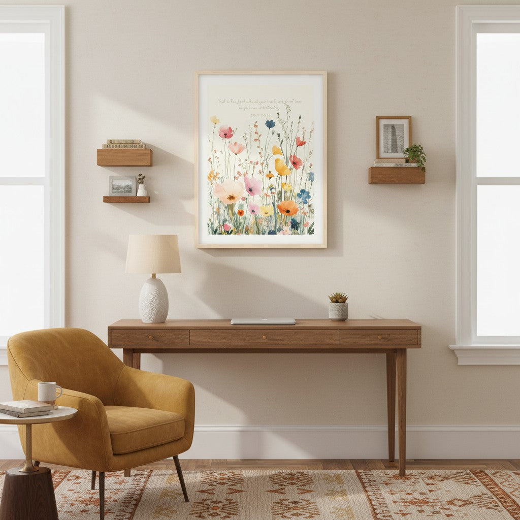 Minimalist Christian wall art with calming scripture displayed in a peaceful bedroom for anxiety support