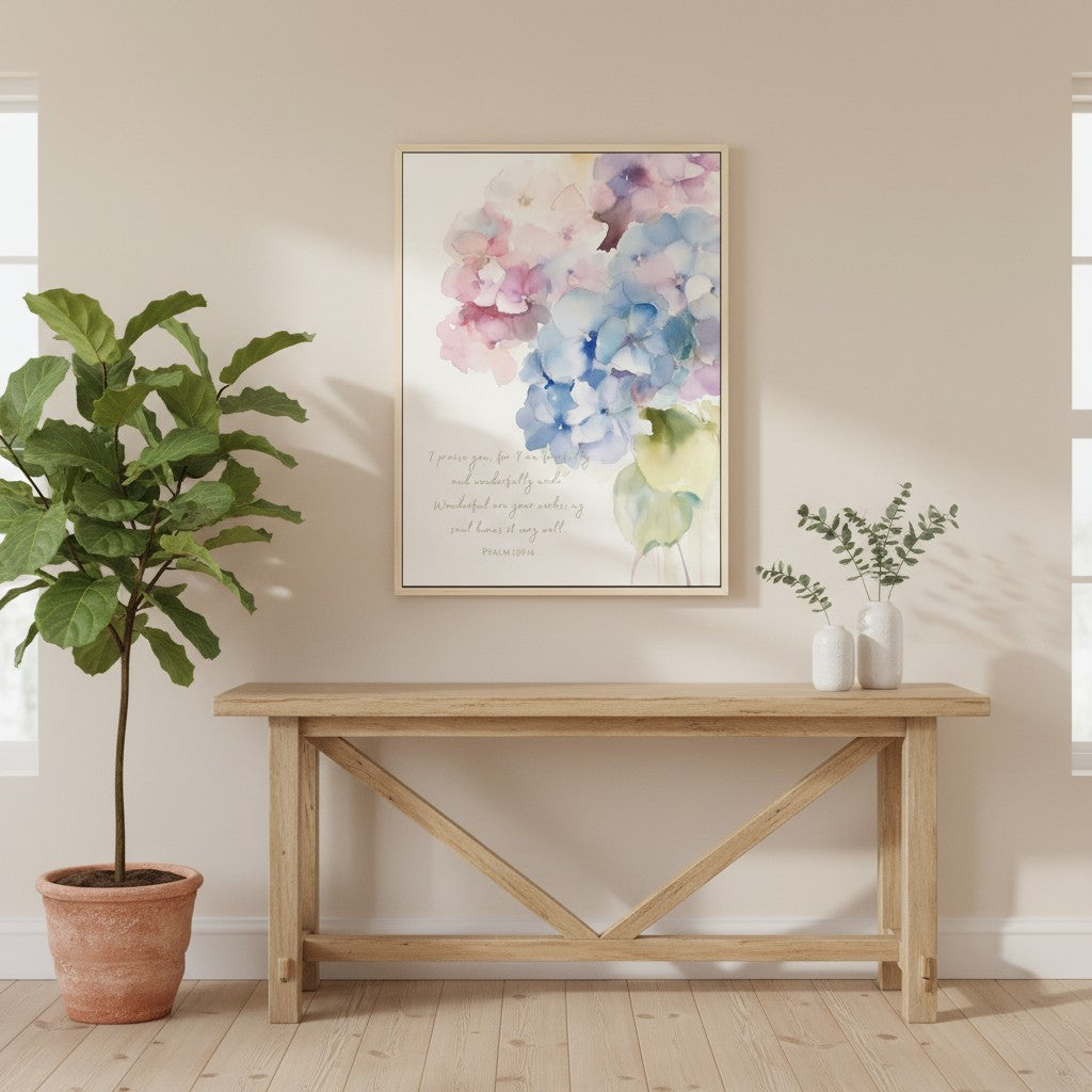 Christian wall art displayed in a bright entryway, living room, and hallway to create a faith-filled home