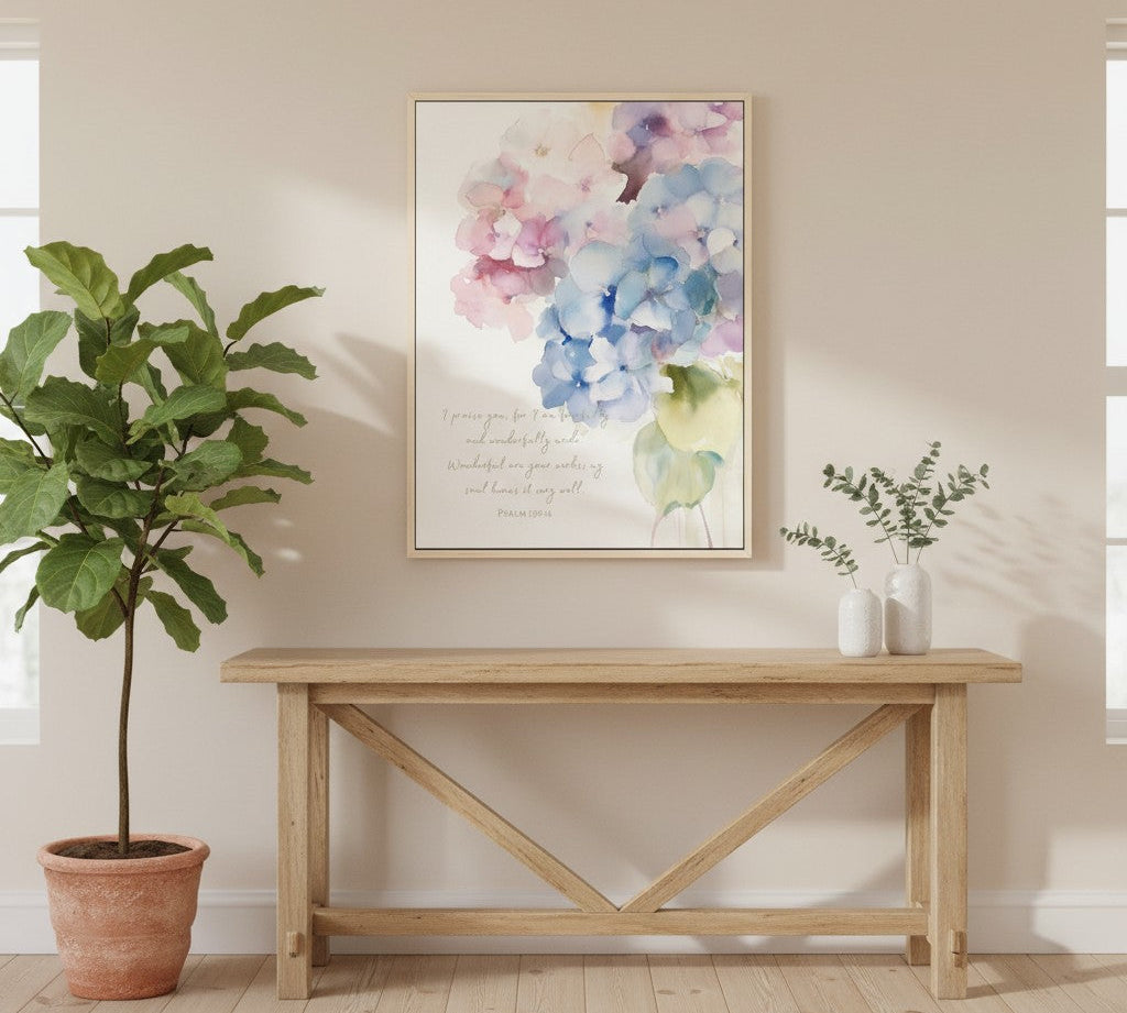 Christian wall art displayed in a bright entryway, living room, and hallway to create a faith-filled home