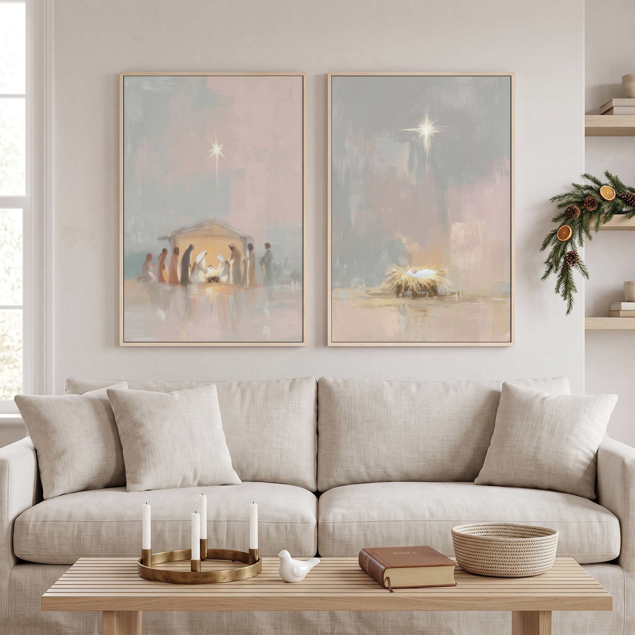 Framed Nativity Christmas wall art diptych above a beige sofa, showing the Holy Family and Star of Bethlehem in a bright living room.