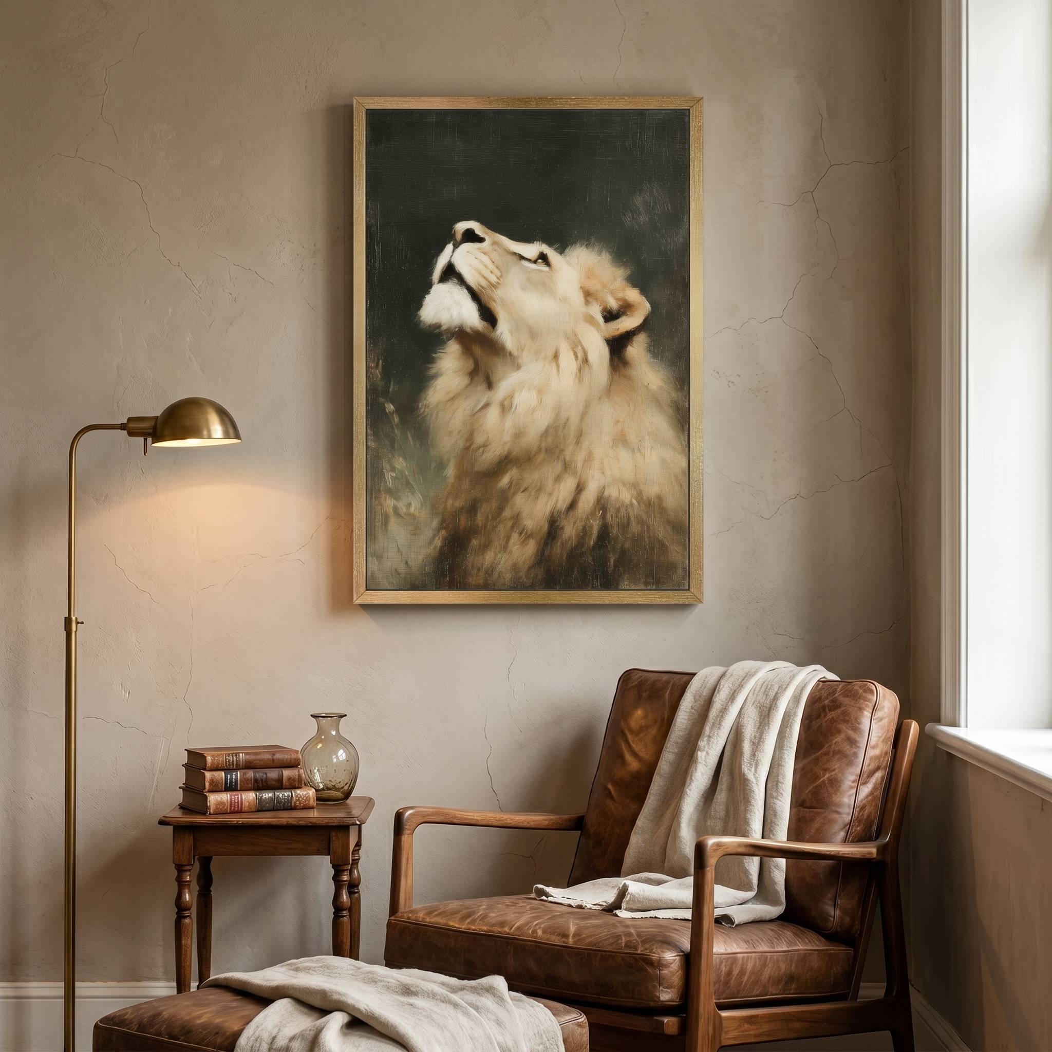 Lion of Judah Christian wall art displayed above a vintage leather reading chair, featuring a majestic lion looking upward in a warm, classic reading nook.