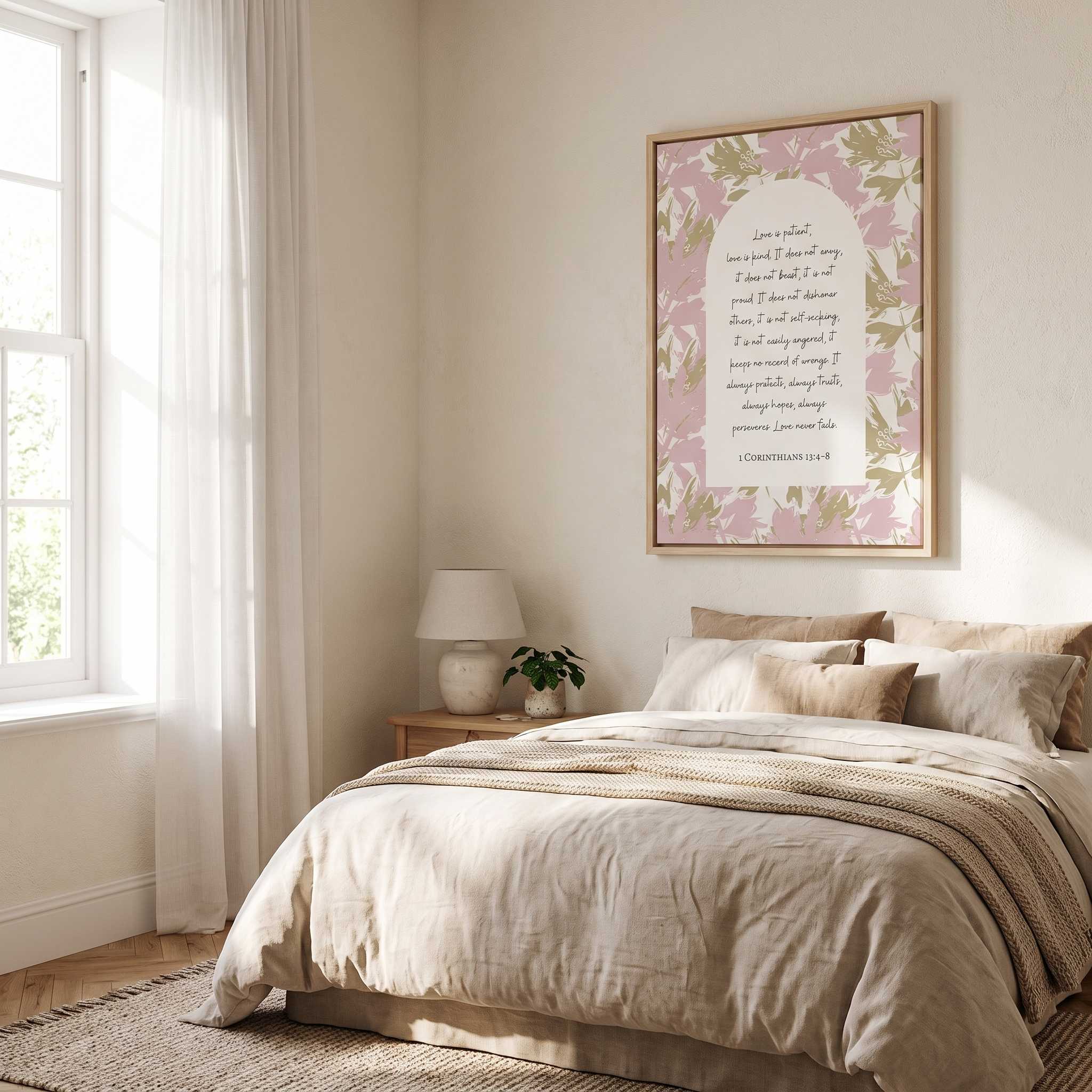 Framed Christian floral wall art titled 1 Corinthians 13:4–8 featuring "Love is patient, love is kind" with watercolor florals, displayed on a beige wall above a bed in a cozy, sunlit bedroom.