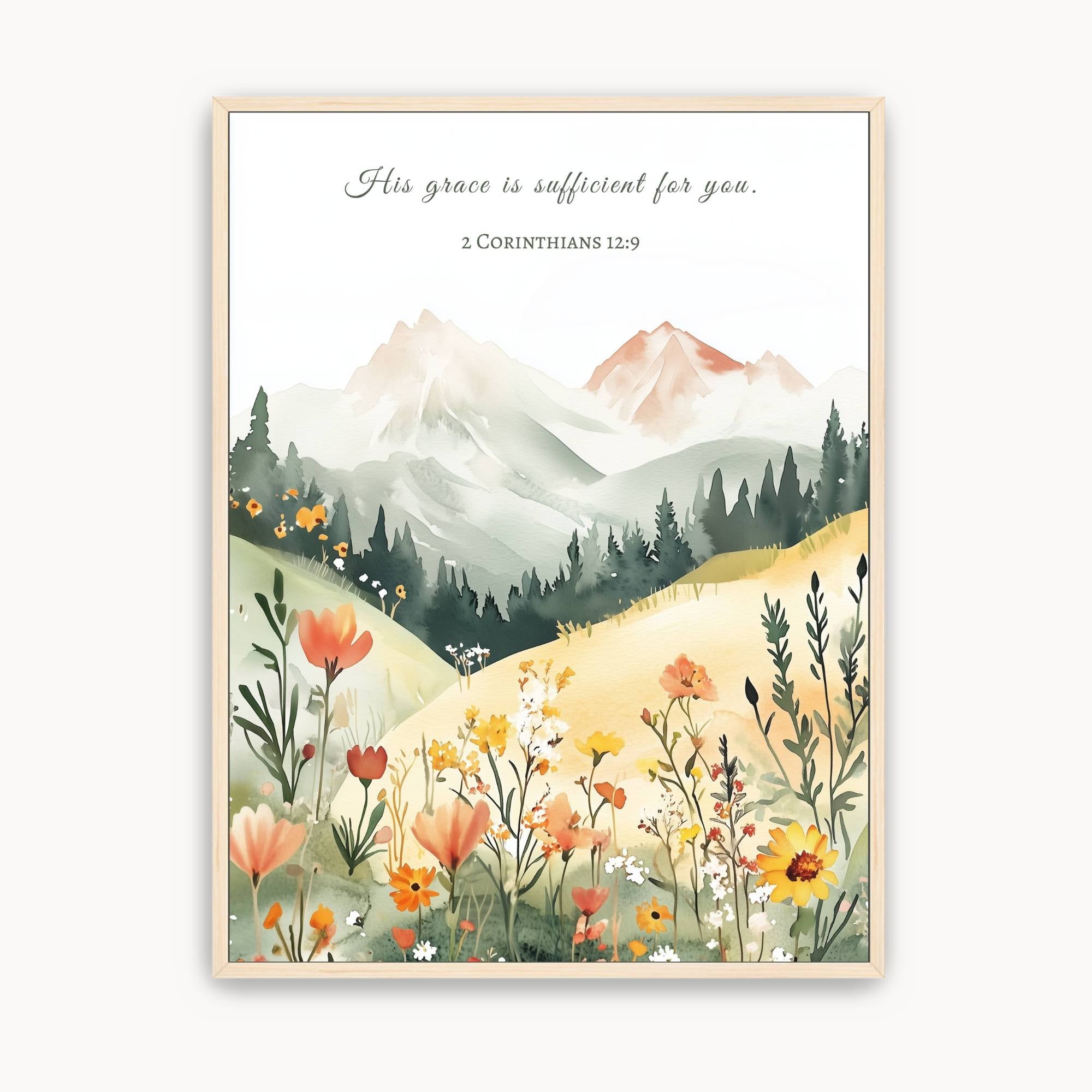 Watercolor mountain landscape Christian wall art featuring 2 Corinthians 12:9, "His grace is sufficient for you," with wildflowers, evergreen trees, and peaceful mountain scenery. Scripture canvas for living room, bedroom, office, or prayer room.