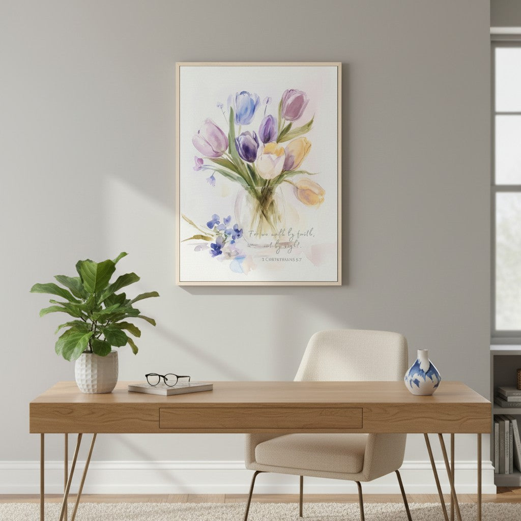 2 Corinthians 5:7 Walk by Faith wall art above a wood desk, with framed watercolor tulips and a potted plant in a bright home office.