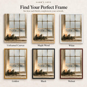 A promotional graphic showcasing six framed versions of the "A Light of Christmas Hope" window artwork featuring candles and evergreen branches, labeled Unframed Canvas, Maple Wood, White, Golden, Black, and Walnut.