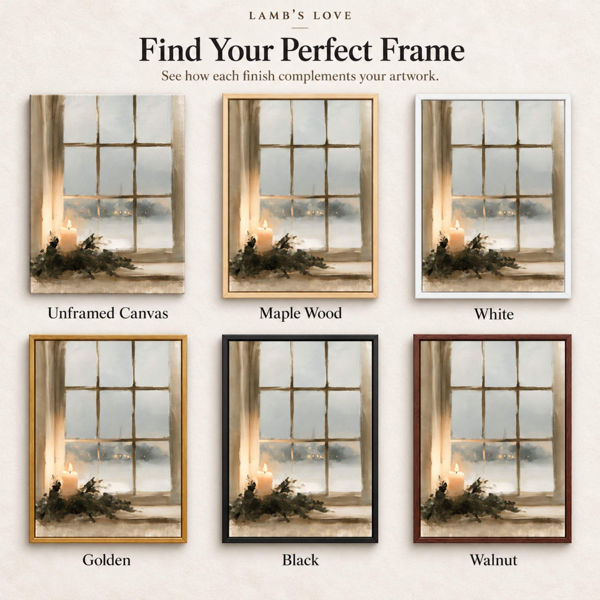 A promotional graphic showcasing six framed versions of the "A Light of Christmas Hope" window artwork featuring candles and evergreen branches, labeled Unframed Canvas, Maple Wood, White, Golden, Black, and Walnut.