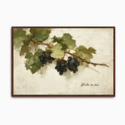 Vintage Christian wall art featuring a grapevine with ripe grapes and the words "Abide in Me," inspired by John 15 and symbolizing remaining in Christ and bearing spiritual fruit.