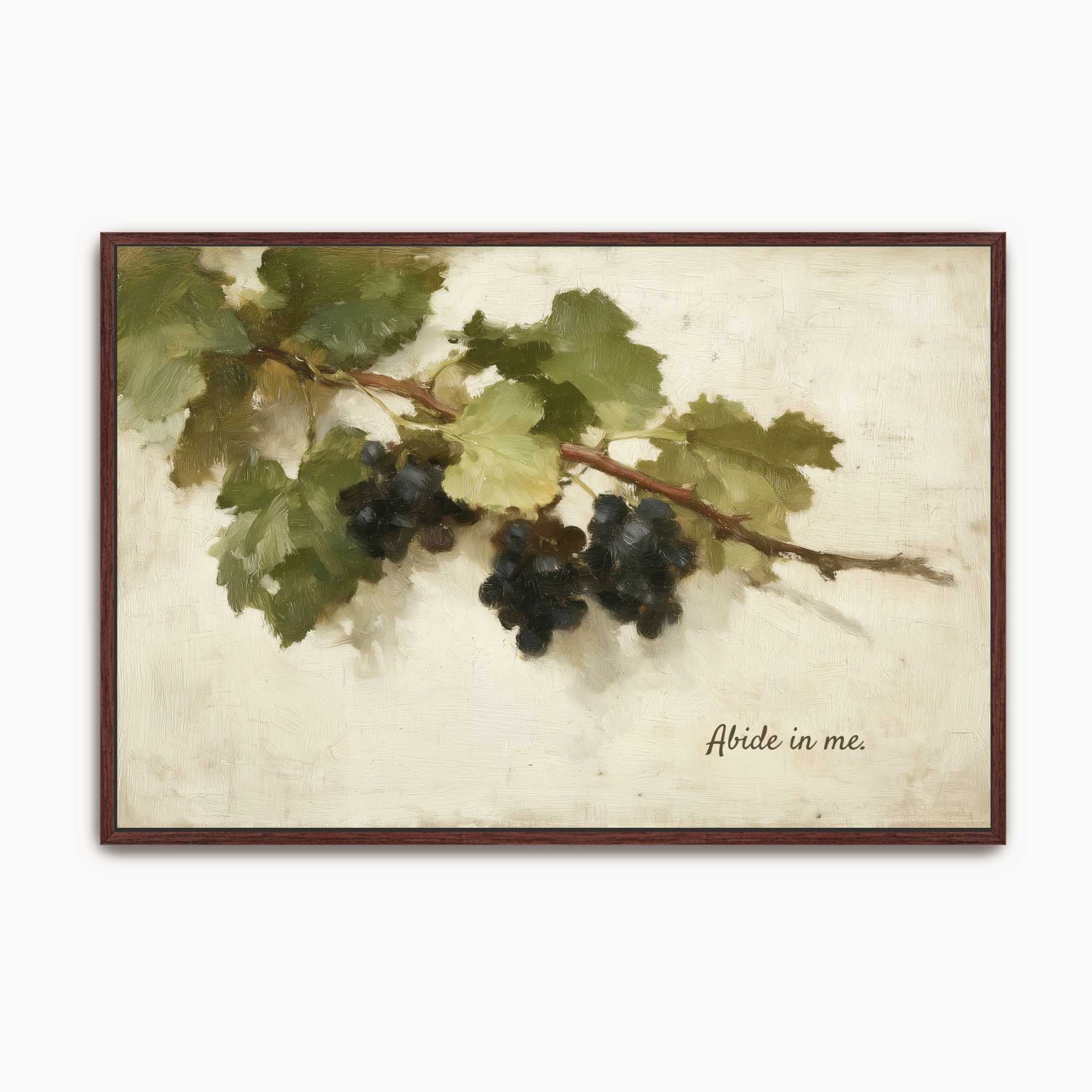 Vintage Christian wall art featuring a grapevine with ripe grapes and the words "Abide in Me," inspired by John 15 and symbolizing remaining in Christ and bearing spiritual fruit.