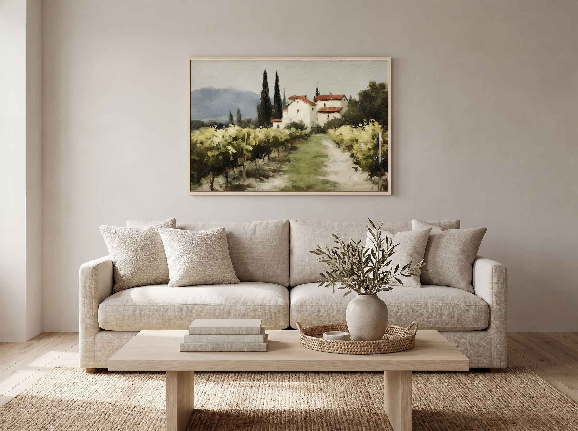 Vintage Christian wall art featuring a twisting grapevine with ripe purple grapes, inspired by John 15:5, in a light wood frame displayed in a modern living room.