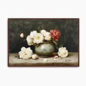 Vintage Christian floral wall art featuring white peonies in a ceramic vase with the words "Be Still," inspired by Psalm 46:10 and reminding believers to trust in God.