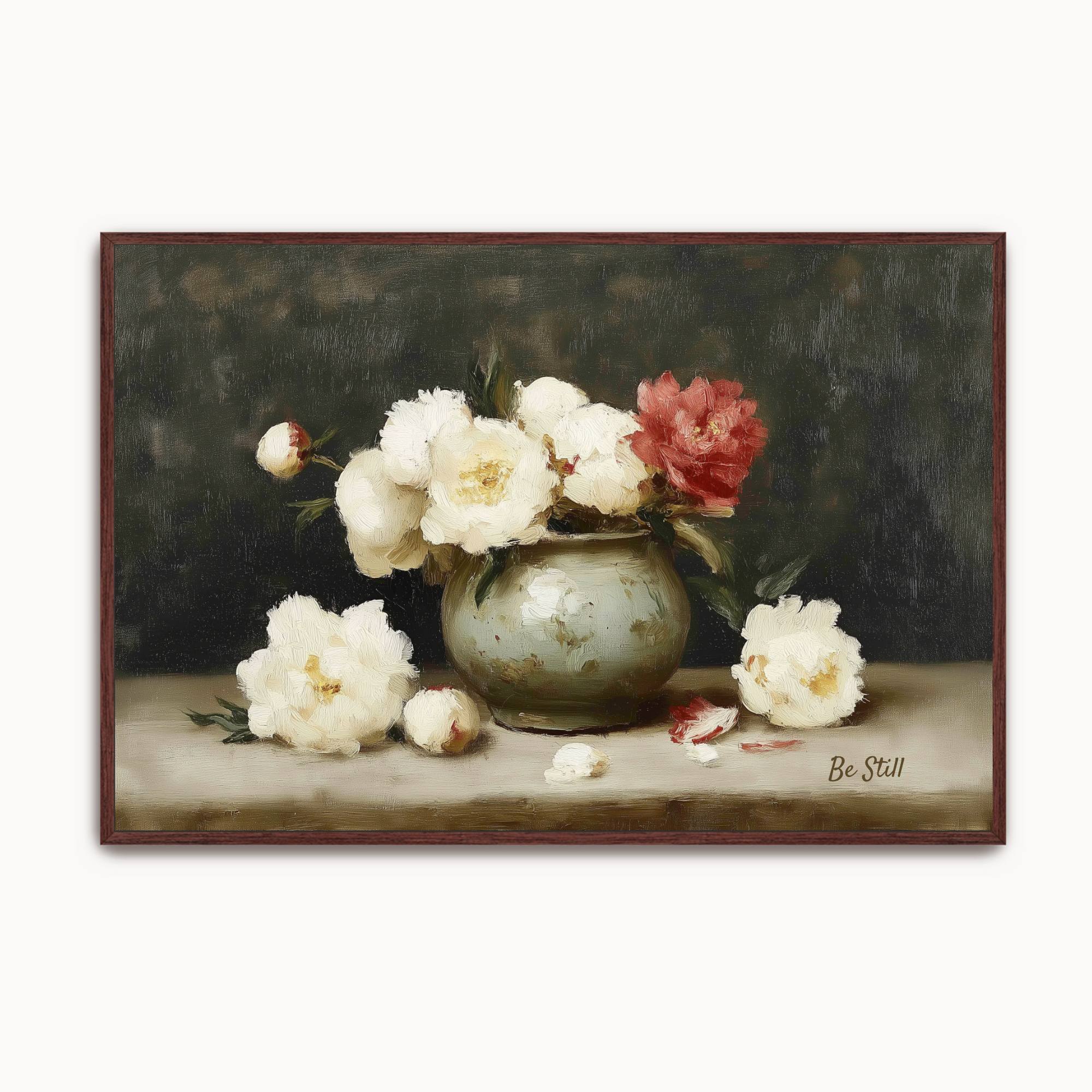 Vintage Christian floral wall art featuring white peonies in a ceramic vase with the words "Be Still," inspired by Psalm 46:10 and reminding believers to trust in God.