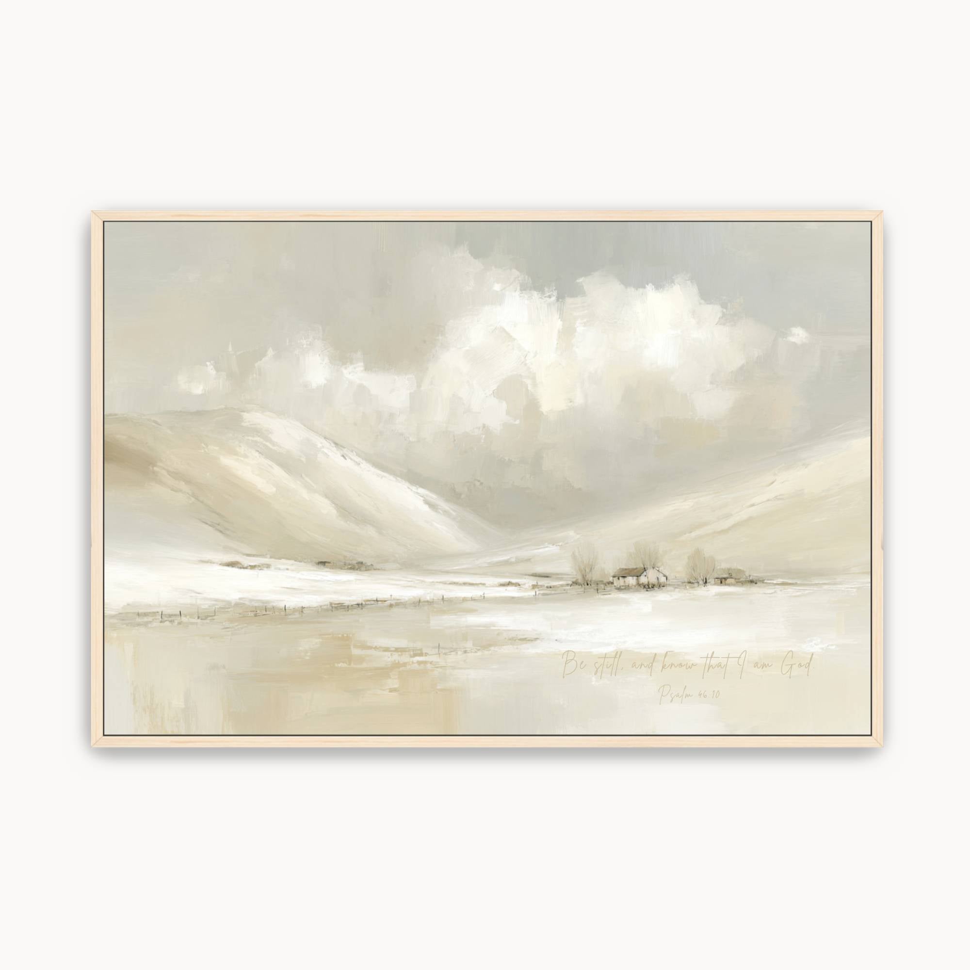 Vintage Christian winter landscape wall art featuring a peaceful snowy valley with the words "Be Still and Know That I Am God," inspired by Psalm 46:10.
