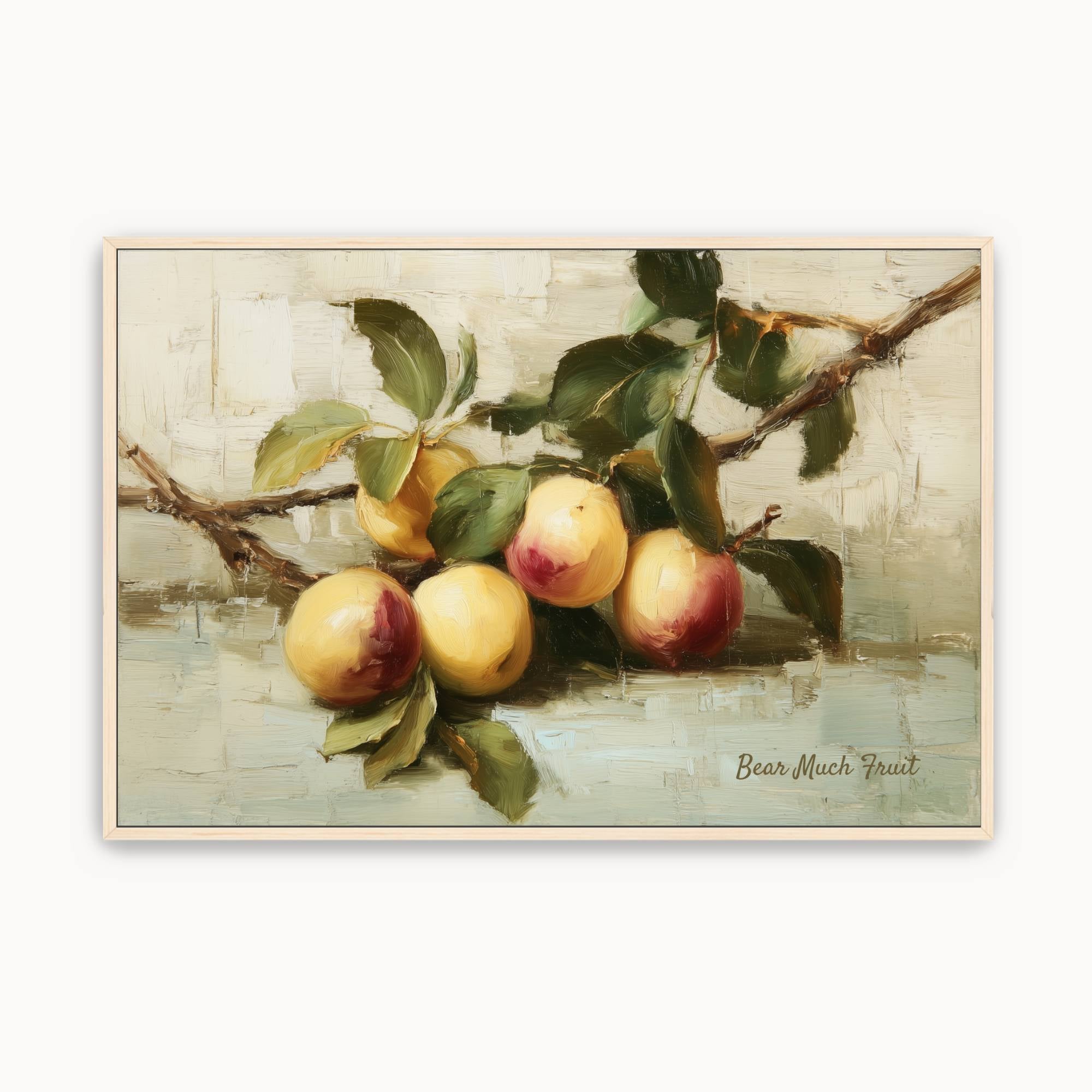 Vintage Christian wall art featuring fruit on a tree branch with the words "Bear Much Fruit," inspired by John 15:8 and symbolizing a fruitful life in Christ.