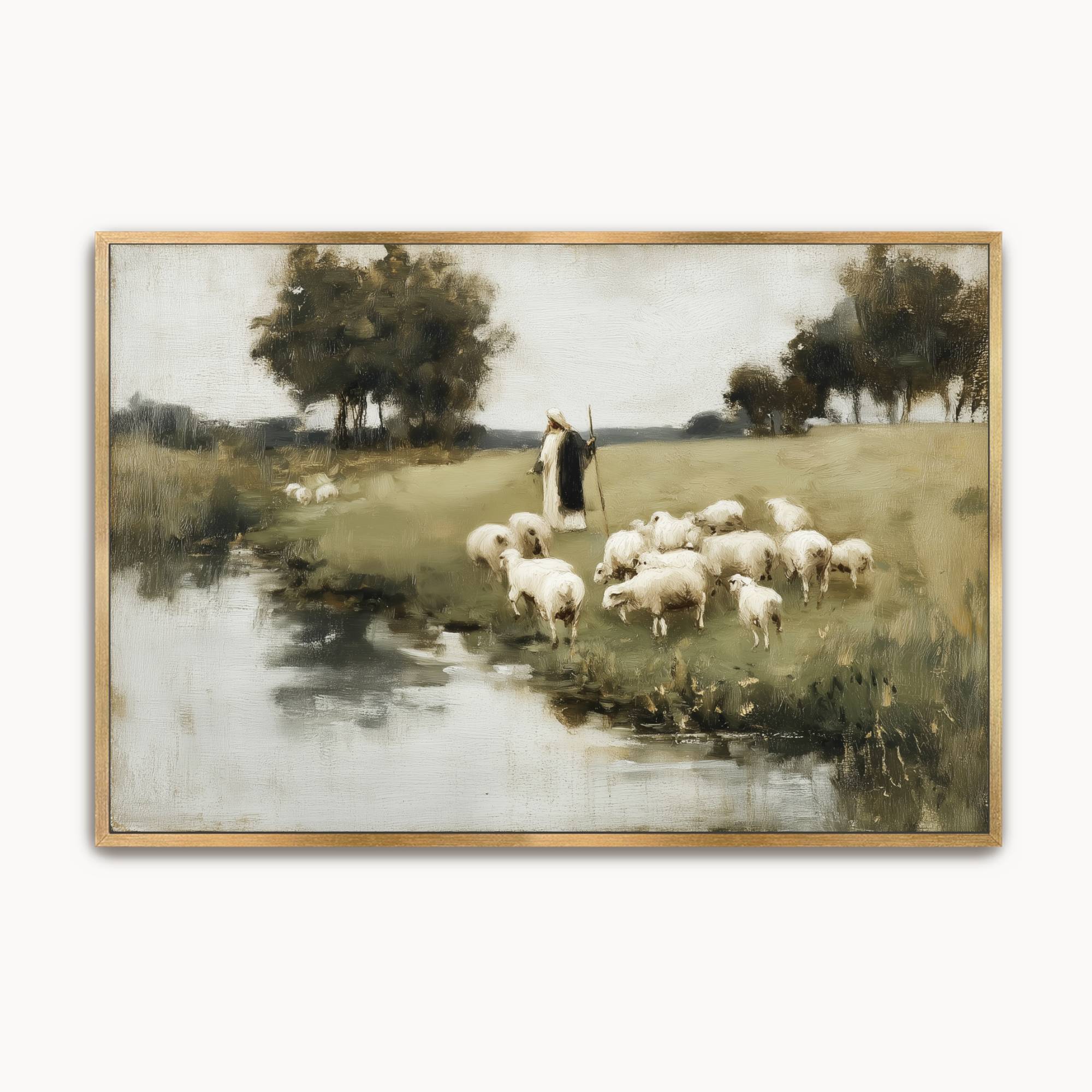 Vintage Christian wall art featuring the Good Shepherd leading sheep beside still waters, inspired by Psalm 23 and symbolizing Christ's loving guidance, peace, and faithful care.
