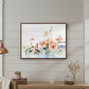 Framed watercolor pink wild rose Christian wall art featuring Psalm 34:8 — “Oh, taste and see that the Lord is good,” displayed in a cozy farmhouse room.