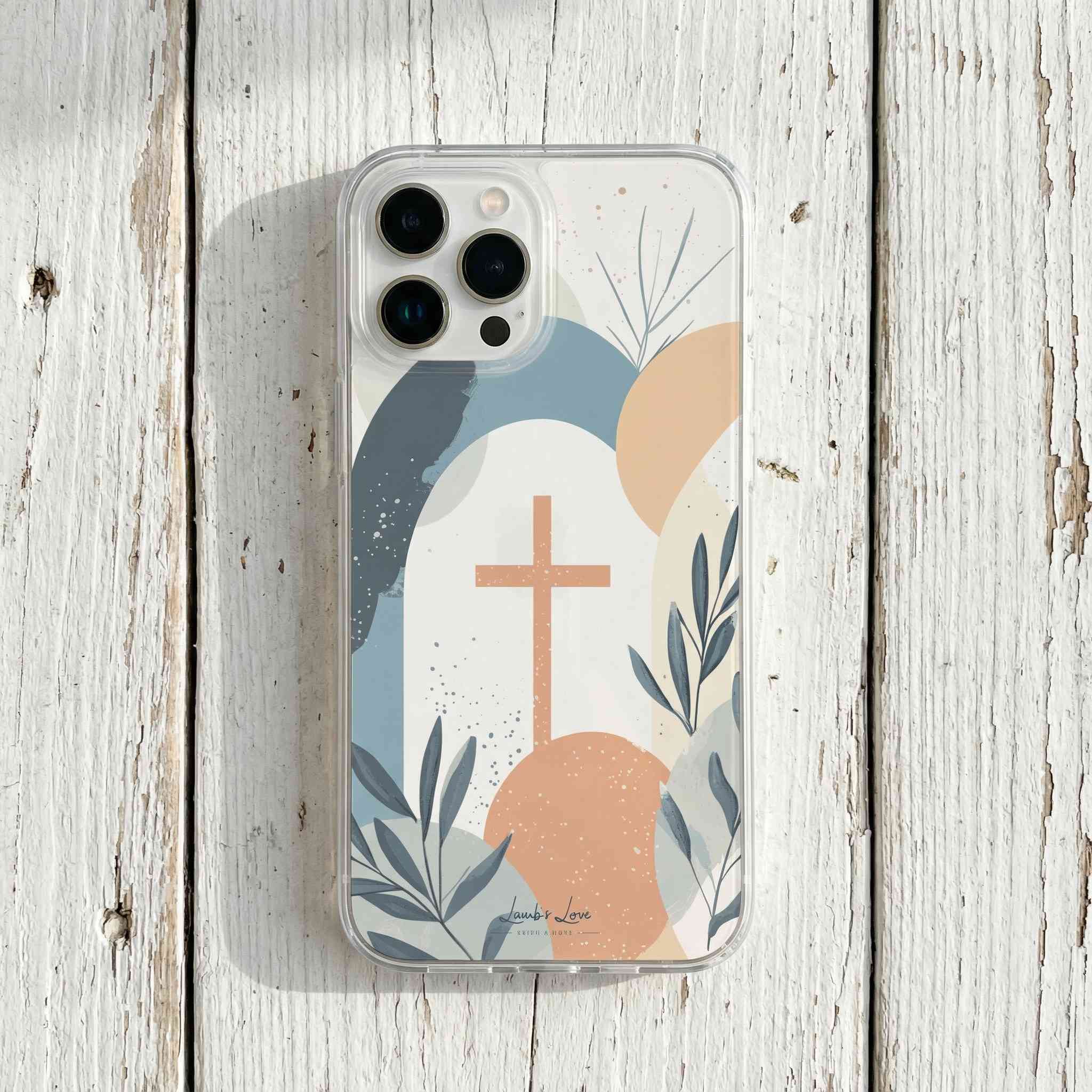Modern abstract cross design Christian iPhone case on wooden background.