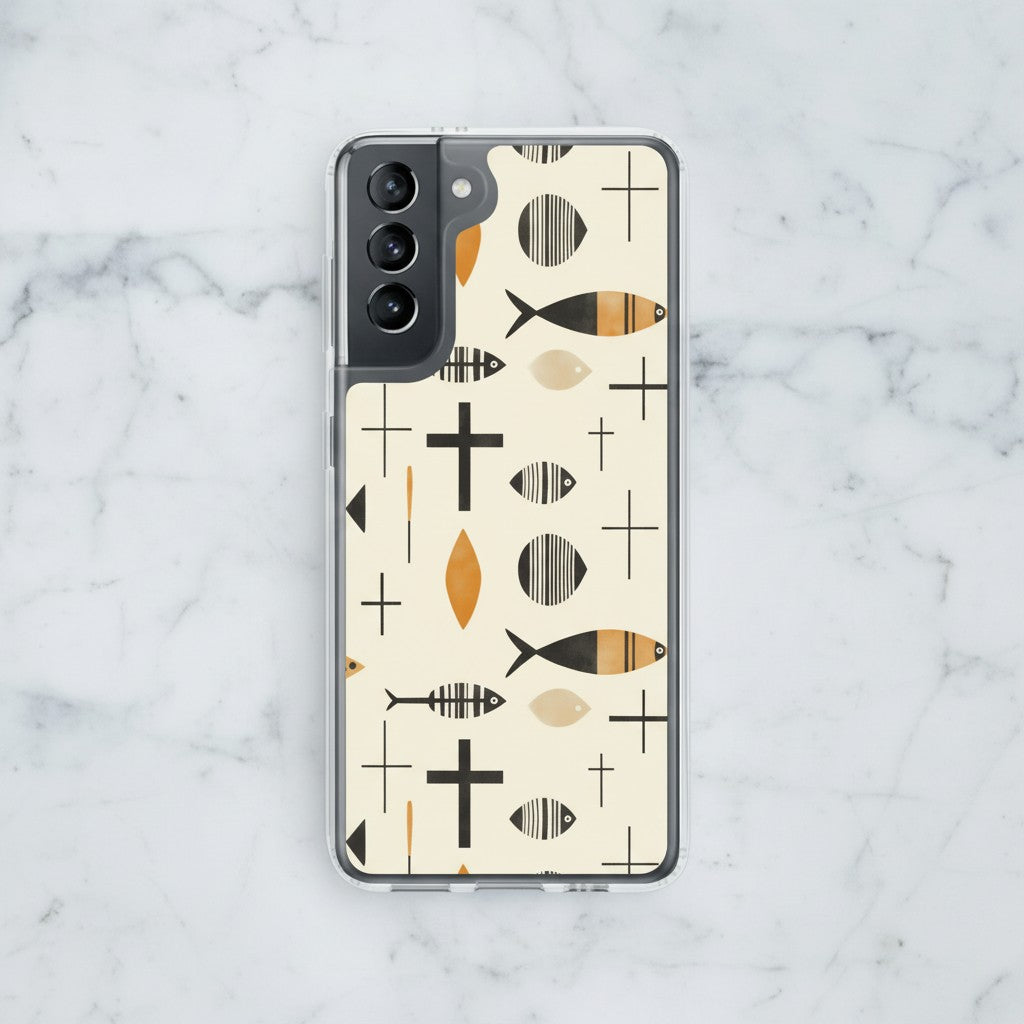 Minimalist beige phone case featuring black and gold Ichthys fish and cross symbols