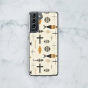 Minimalist beige phone case featuring black and gold Ichthys fish and cross symbols