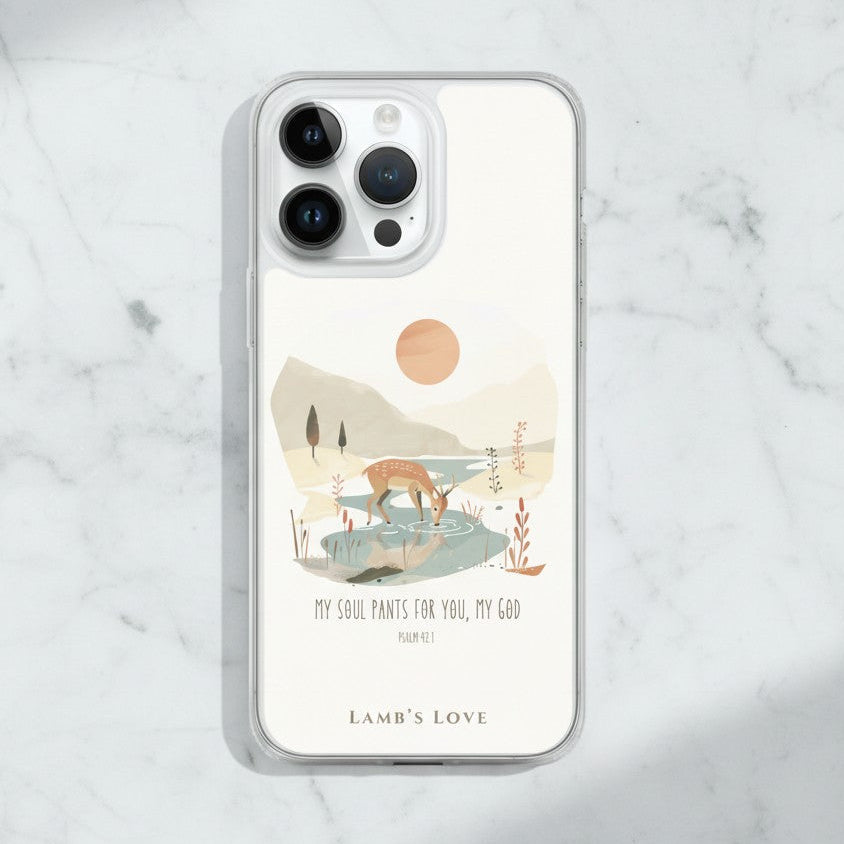 Christian MagSafe iPhone case featuring deer illustration inspired by Psalm 42:1 “As the deer pants for streams of water” on a marble background