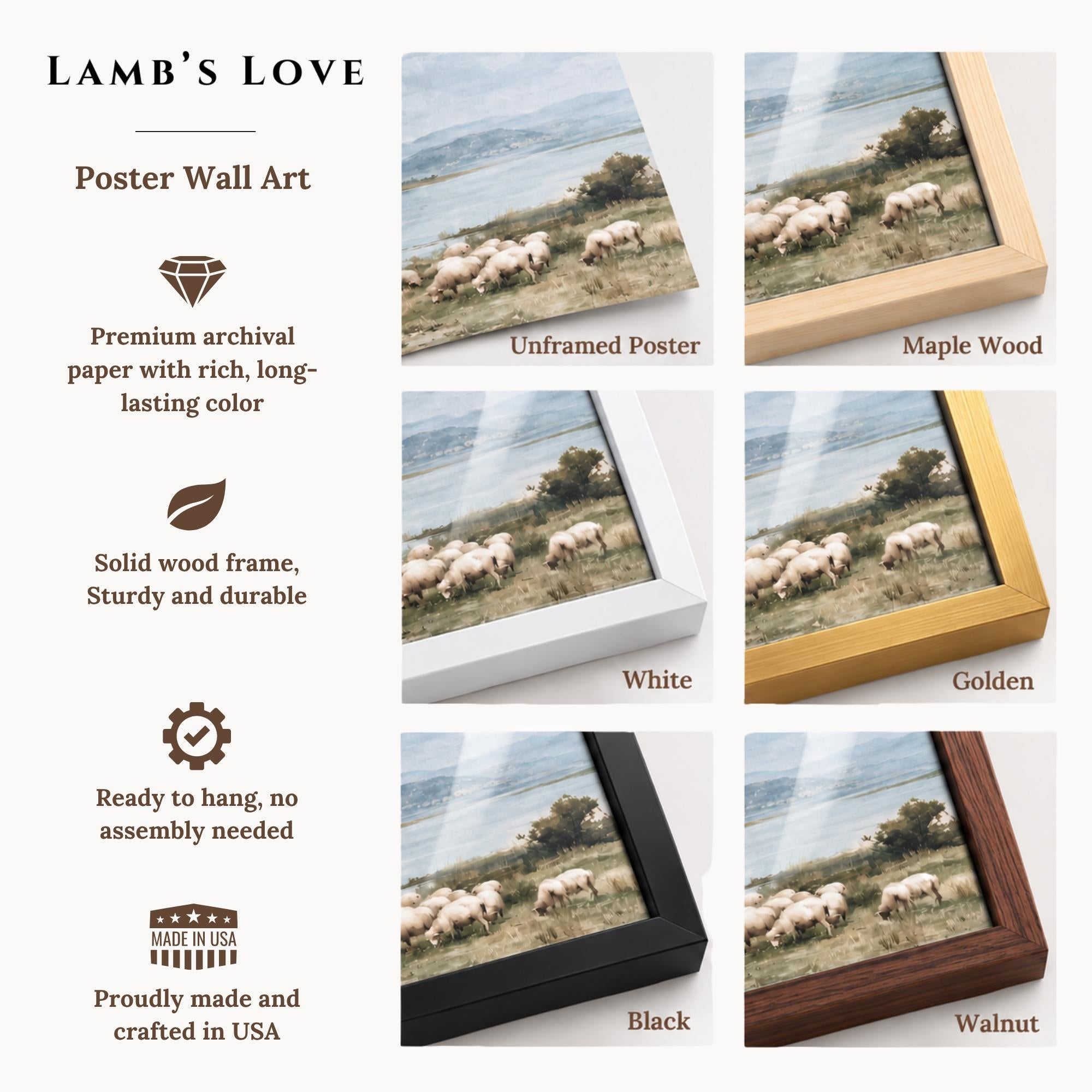 Informational product graphic showing Christian poster wall art printed on premium archival paper, available as unframed or framed wall art in maple, white, golden, black, and walnut wood frames, made in the USA.