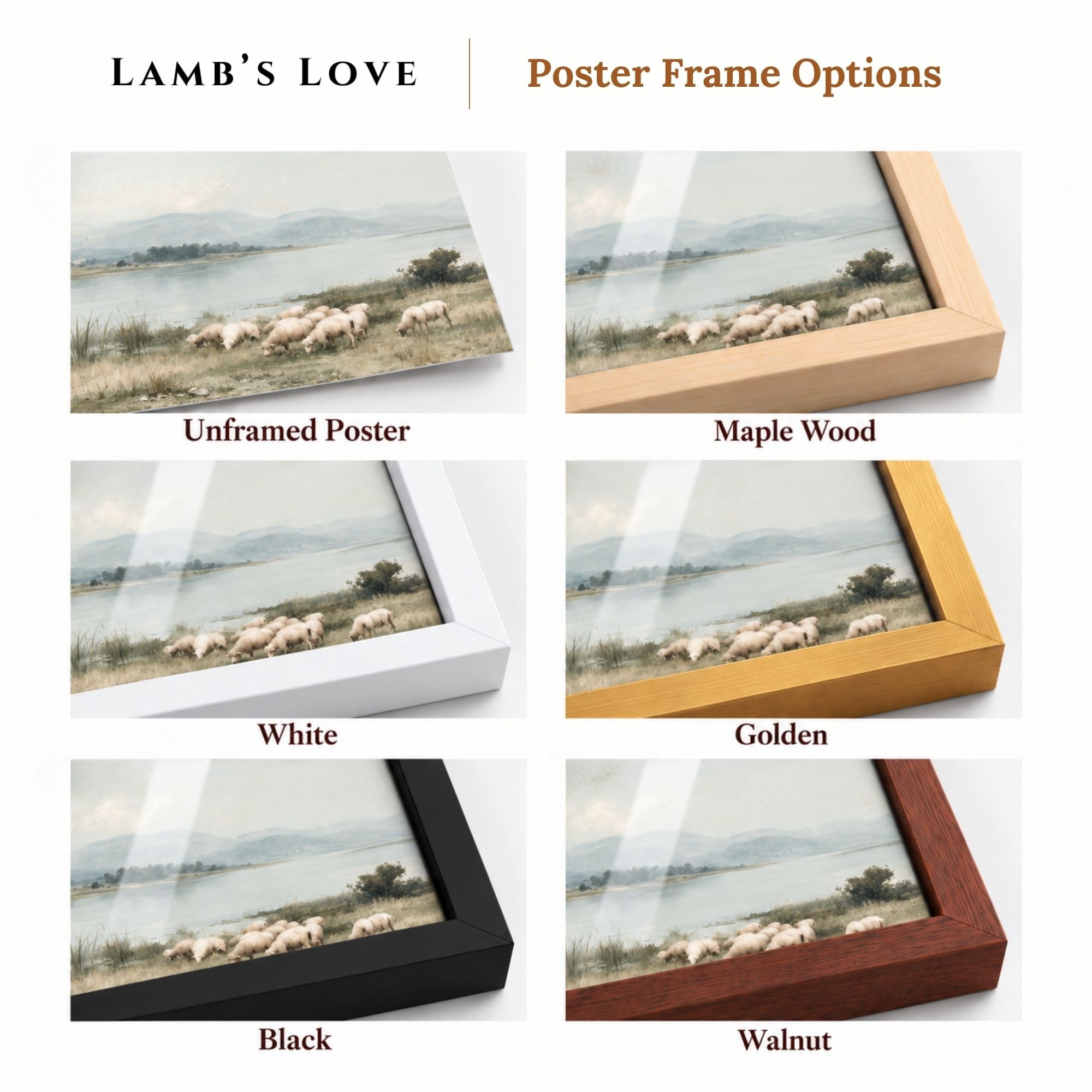 Informational product graphic showing Christian poster wall art printed on premium archival paper, available as unframed or framed wall art in maple, white, golden, black, and walnut wood frames, made in the USA.