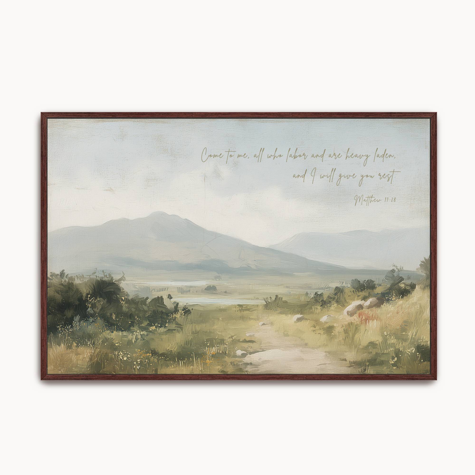 Vintage Christian landscape wall art featuring a peaceful country path with the words "Come to Me, all who labor and are heavy laden, and I will give you rest," inspired by Matthew 11:28.