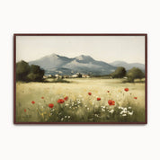 Vintage Christian landscape wall art featuring wildflowers, mountains, and a peaceful countryside inspired by Luke 12:27, reminding believers to trust God's faithful provision.