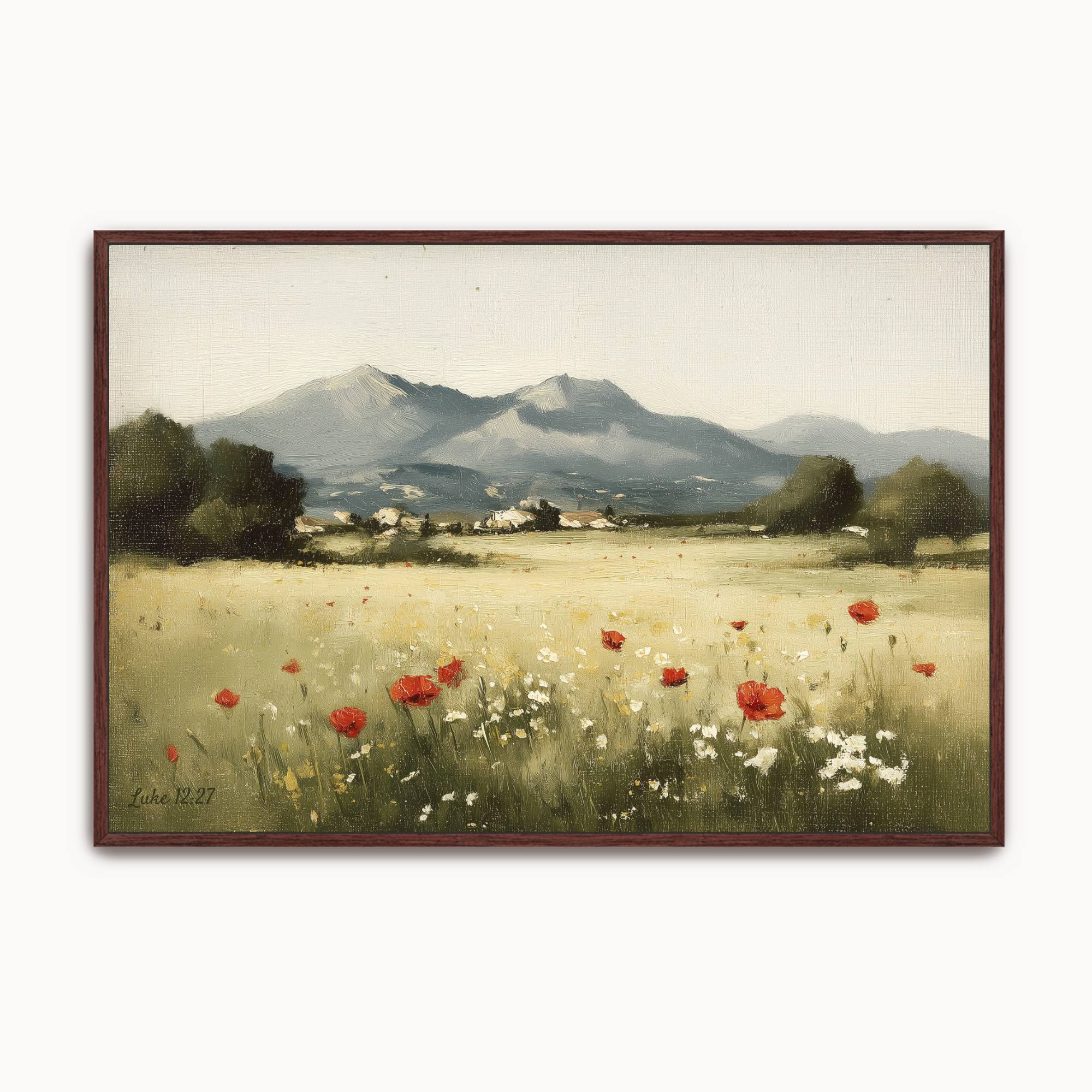 Vintage Christian landscape wall art featuring wildflowers, mountains, and a peaceful countryside inspired by Luke 12:27, reminding believers to trust God's faithful provision.