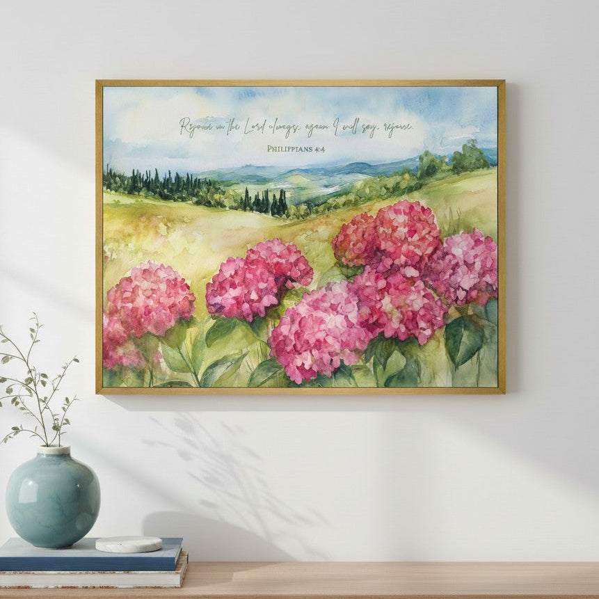 Countryside Hydrangea framed canvas wall art. High quality and made in the USA.