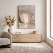 Framed empty tomb resurrection artwork with a glowing cross, displayed above a light wood console in a bright minimalist living room.