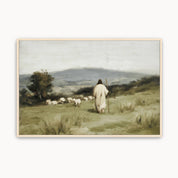 Vintage Christian wall art featuring Jesus, the Good Shepherd, walking ahead of His sheep across a peaceful countryside, symbolizing faithful guidance, discipleship, and following Christ.
