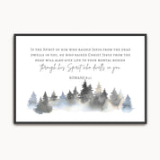 Framed artwork with a forest scene and Bible verse text on a white background