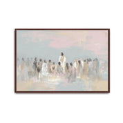 Close-up of Jesus Teaching the People framed canvas showing soft brushstrokes and delicate texture in pastel tones.