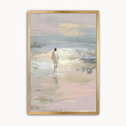 Framed soft pastel watercolor Christian canvas art of Jesus walking on water in a thin gold frame, styled for modern Christian home decor.