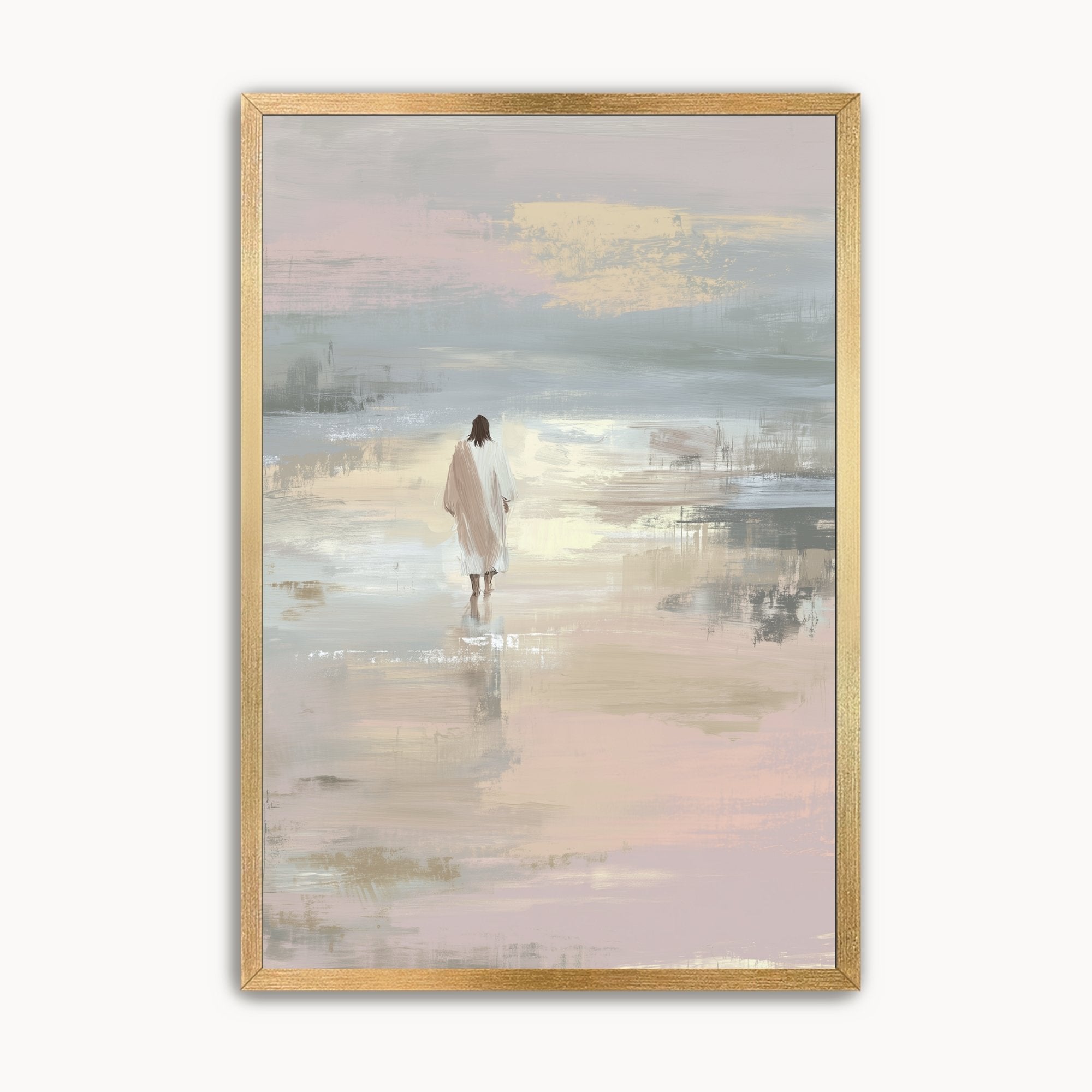 Framed soft pastel watercolor Christian canvas art of Jesus walking on water in a thin gold frame, styled for modern Christian home decor.