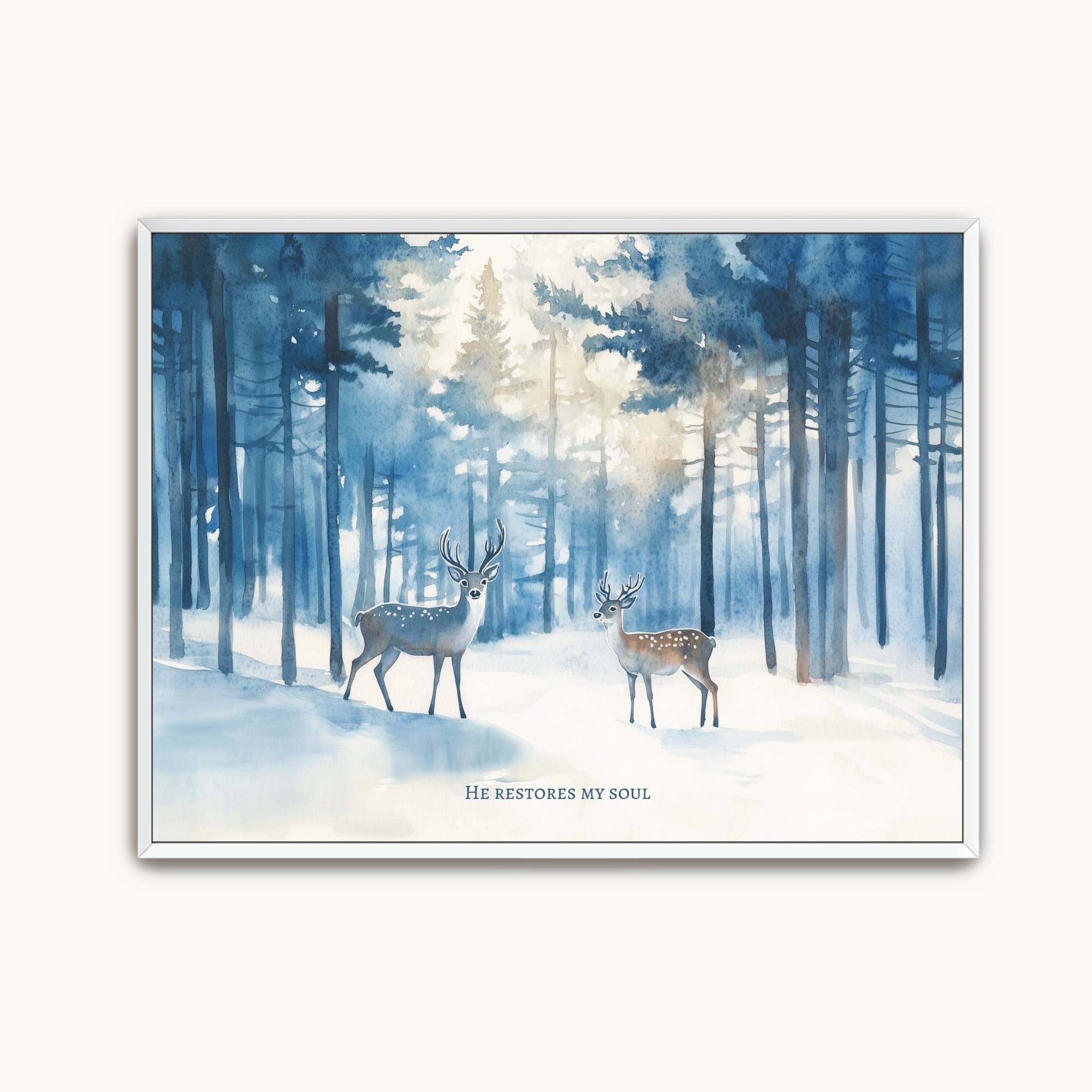 Vintage Christian winter landscape wall art featuring two deer in a peaceful snowy forest with the words "He Restores My Soul," inspired by Psalm 23:3 and symbolizing God's peace, restoration, and faithful care.