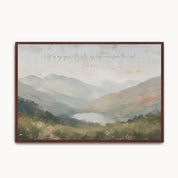Vintage Christian mountain landscape wall art featuring peaceful hills and the words "I lift up my eyes to the hills, my help comes from the Lord," inspired by Psalm 121:1–2.
