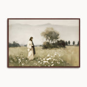 Vintage Christian wall art featuring Jesus walking peacefully through a meadow of wildflowers, symbolizing His presence, peace, and faithful companionship.