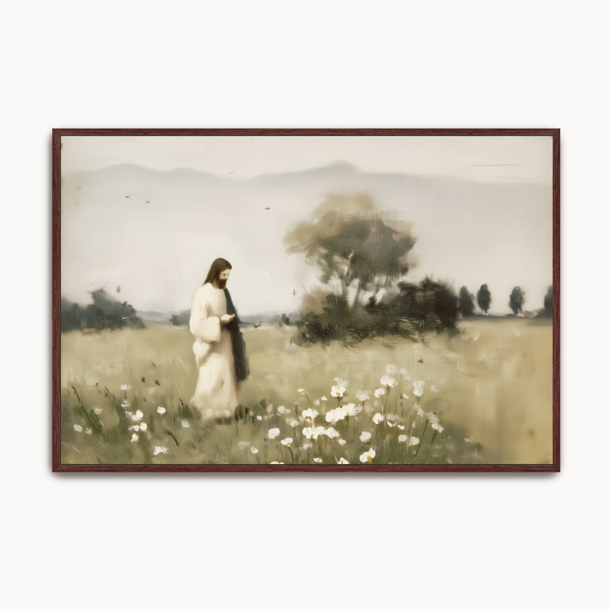 Vintage Christian wall art featuring Jesus walking peacefully through a meadow of wildflowers, symbolizing His presence, peace, and faithful companionship.